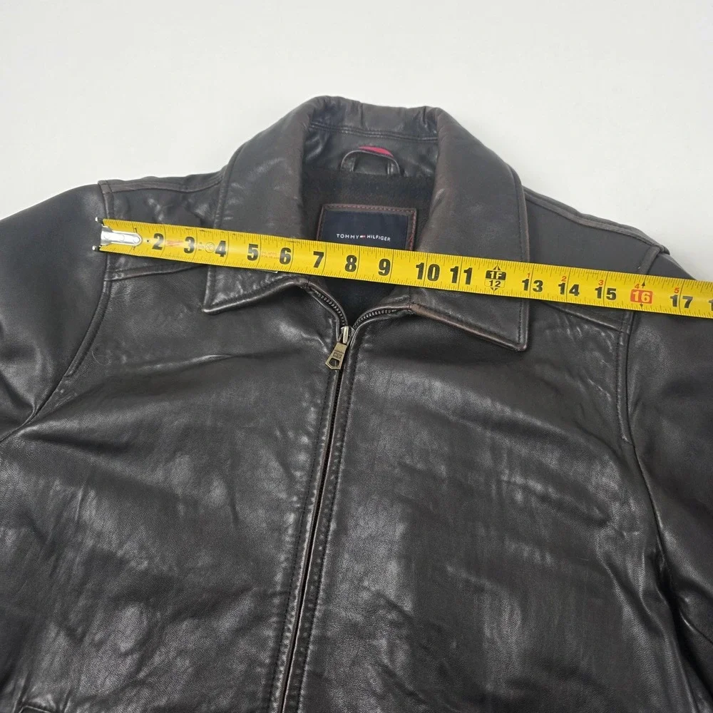 Tommy Hilfiger Jacket Mens Medium Brown Leather Bomber Plaid Lined Full Zip